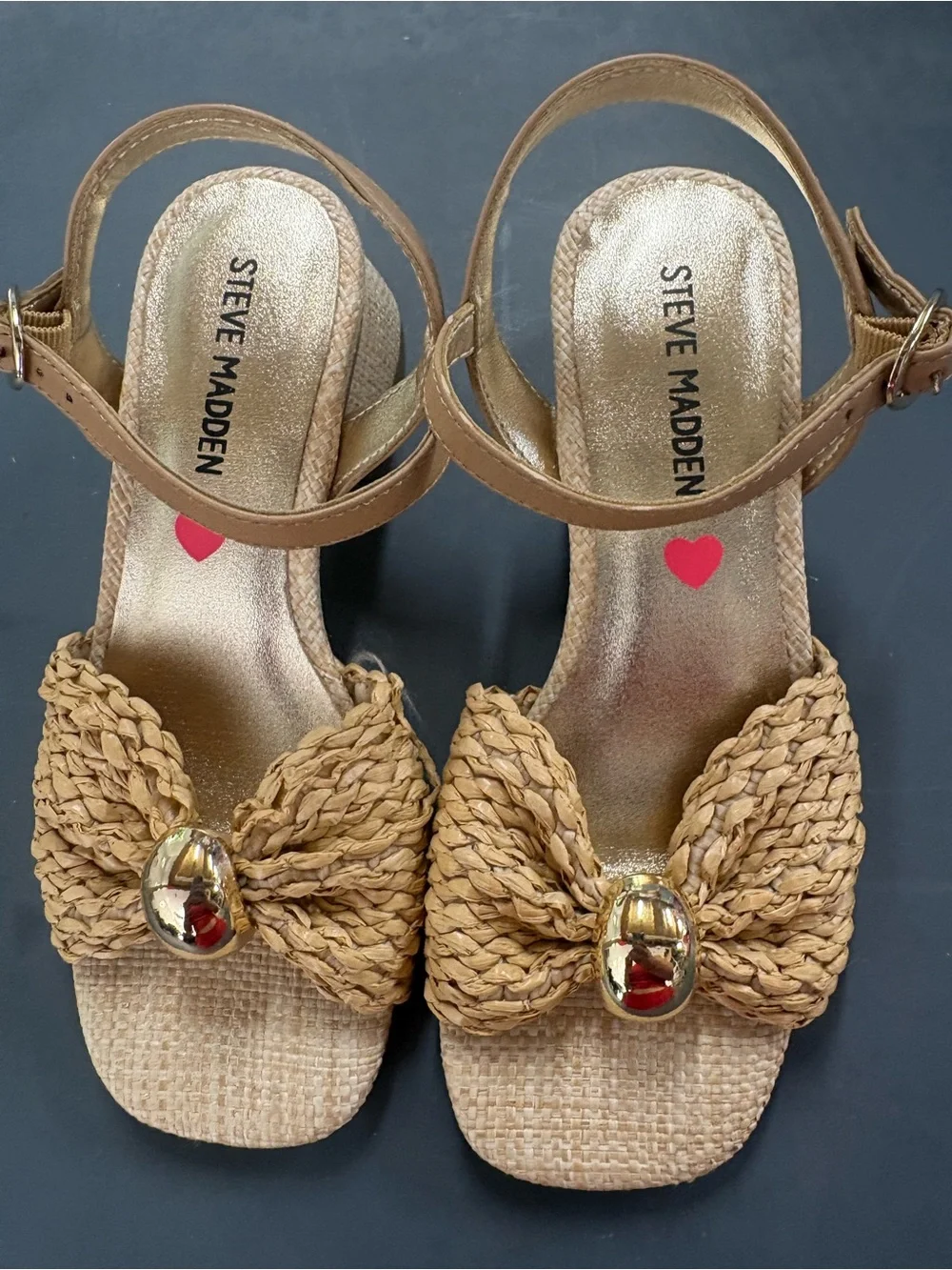 Steve Madden J Golden Natural Braided Mid Heel Sandals with Gold Accent 13